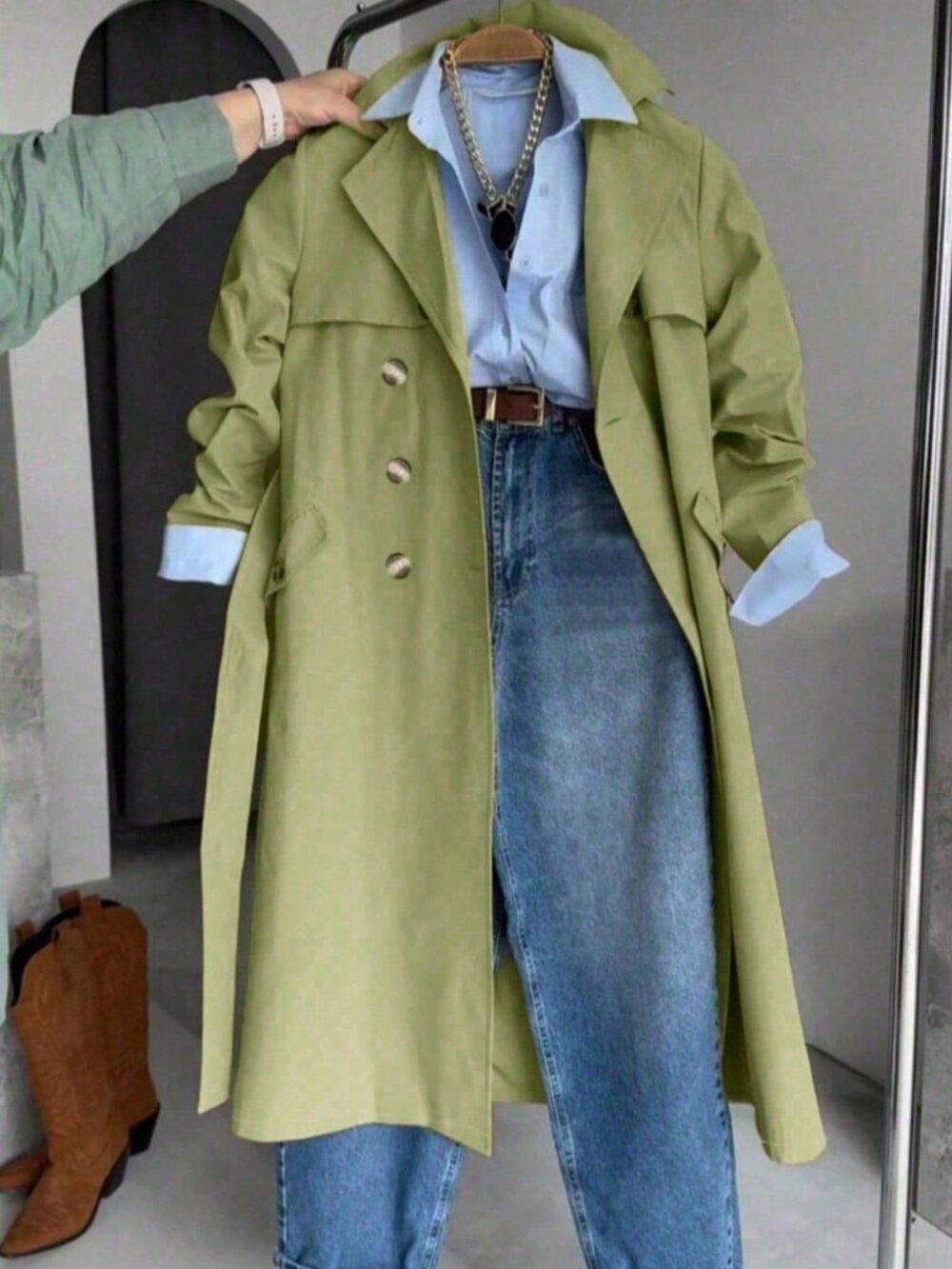 Green Casual Women's Long Sleeve Single-Breasted Trench Coat